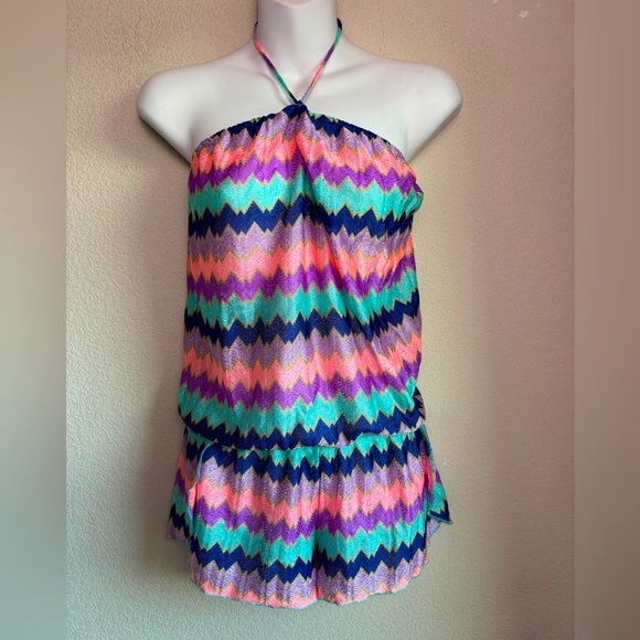 Victoria’s Secret Multi Color Chevron Stripe Halter Tie Shorts Romper Coverup S - Picture 1 of 9
